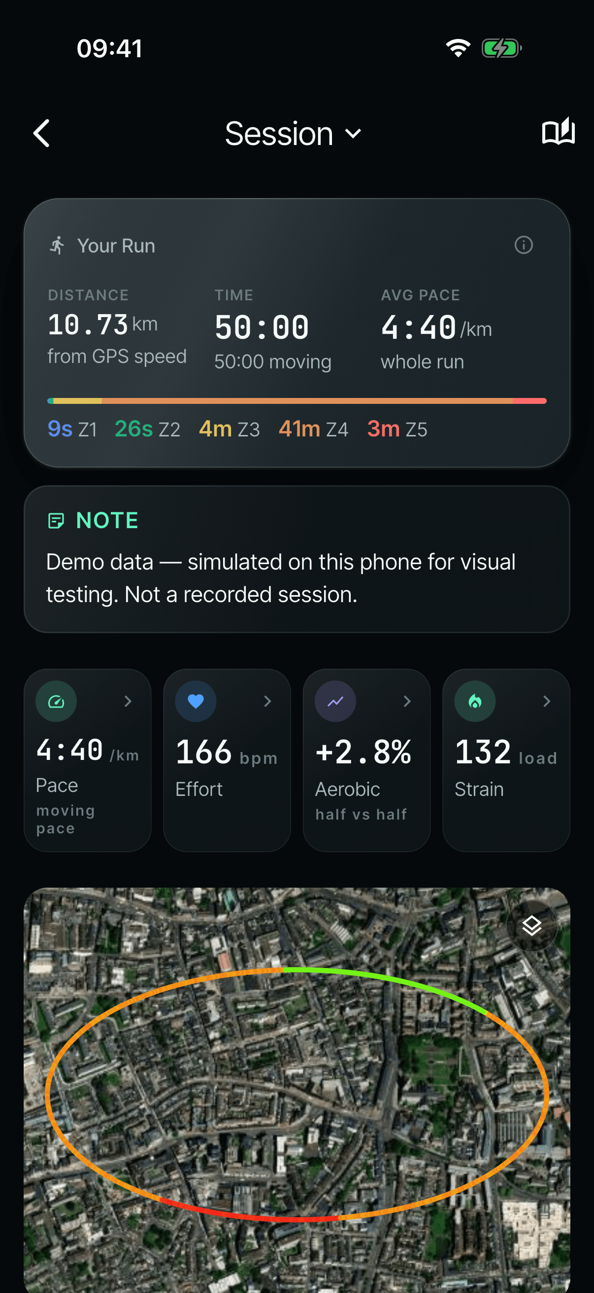 A run’s summary: 10.73 km ‘from GPS speed’, time, pace and heart-rate zones, with a note saying it’s demo data simulated on the phone, not a recorded session.