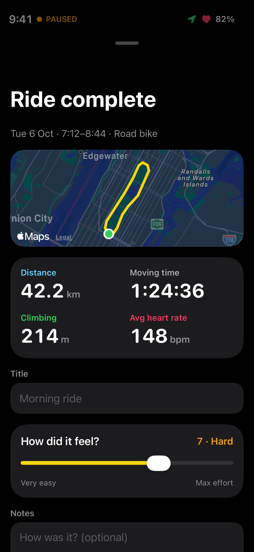 The Ride complete sheet: a map of the route, distance 42.2 km, moving time 1:24:36, climbing 214 m and average heart rate 148, a title field, a How did it feel slider at 7, Hard, and notes.