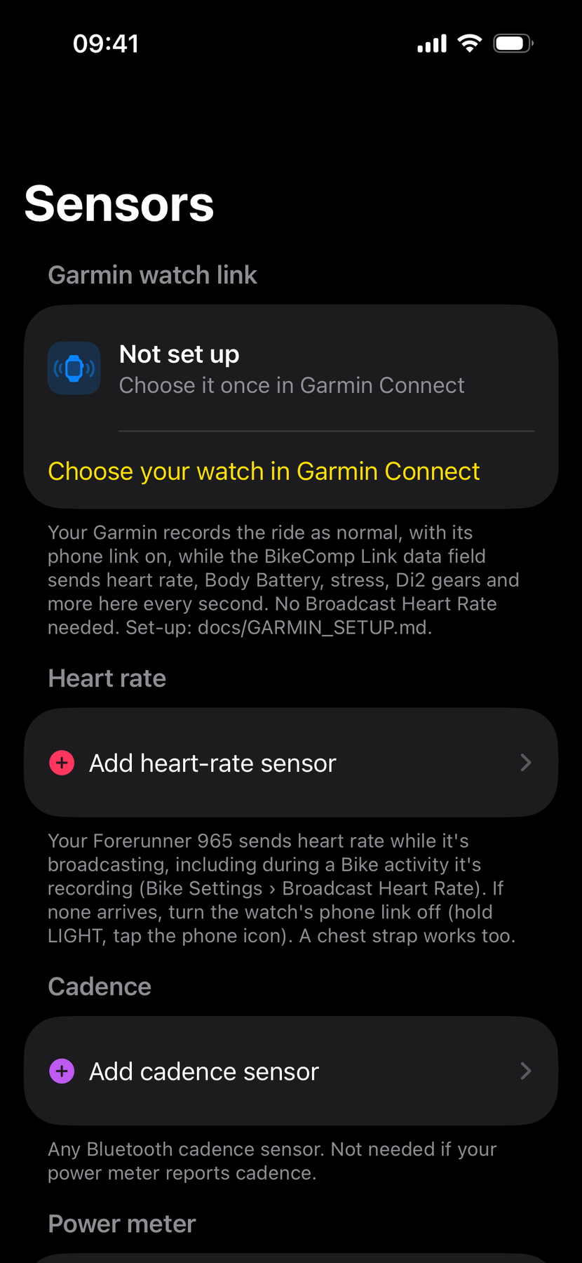 The Sensors screen: the Garmin watch link, not set up, with Choose your watch in Garmin Connect, then heart-rate, cadence and power sensors to add.