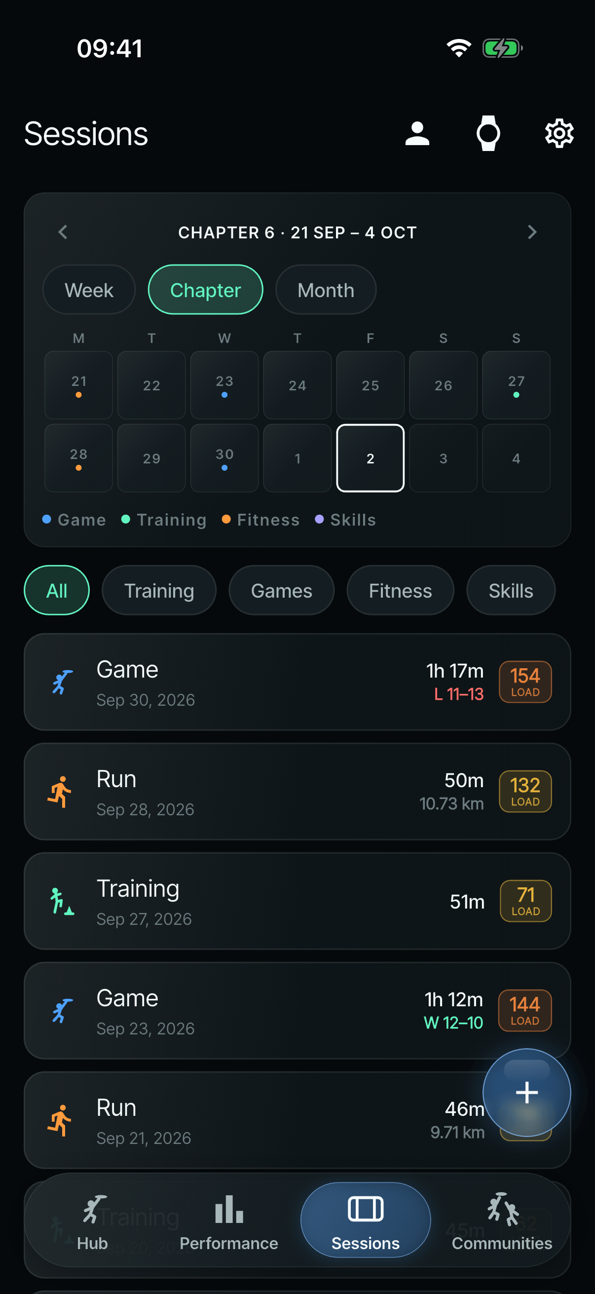 The app’s Sessions list: games, runs and training, each with its date, result and load.