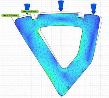 Stress analysis of the rack’s triangular side in Fusion: a blue mesh, with arrows showing loads pressing down on the top edge.
