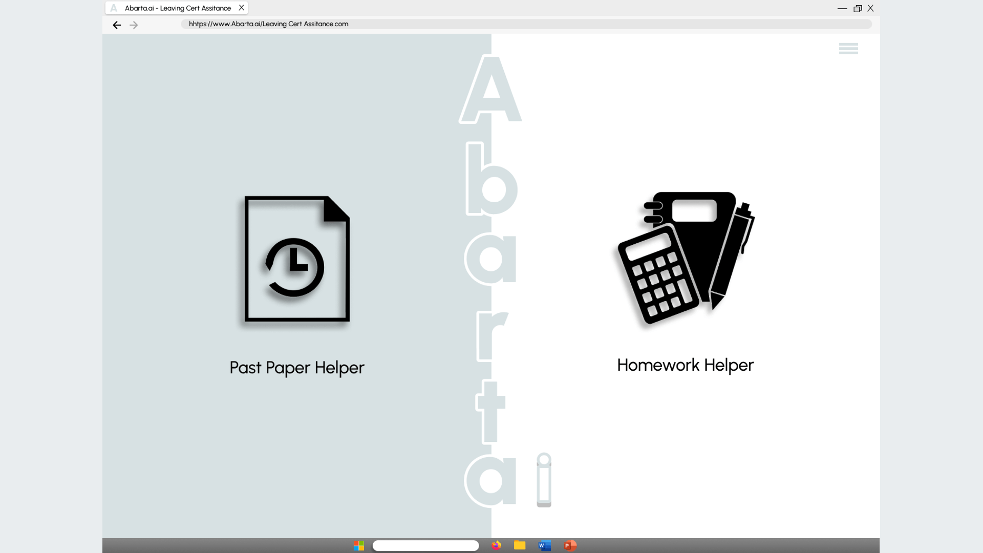 Version 1’s home page, in a browser window: the Abarta logo runs down the middle between two large icons, Past Paper Helper and Homework Helper.