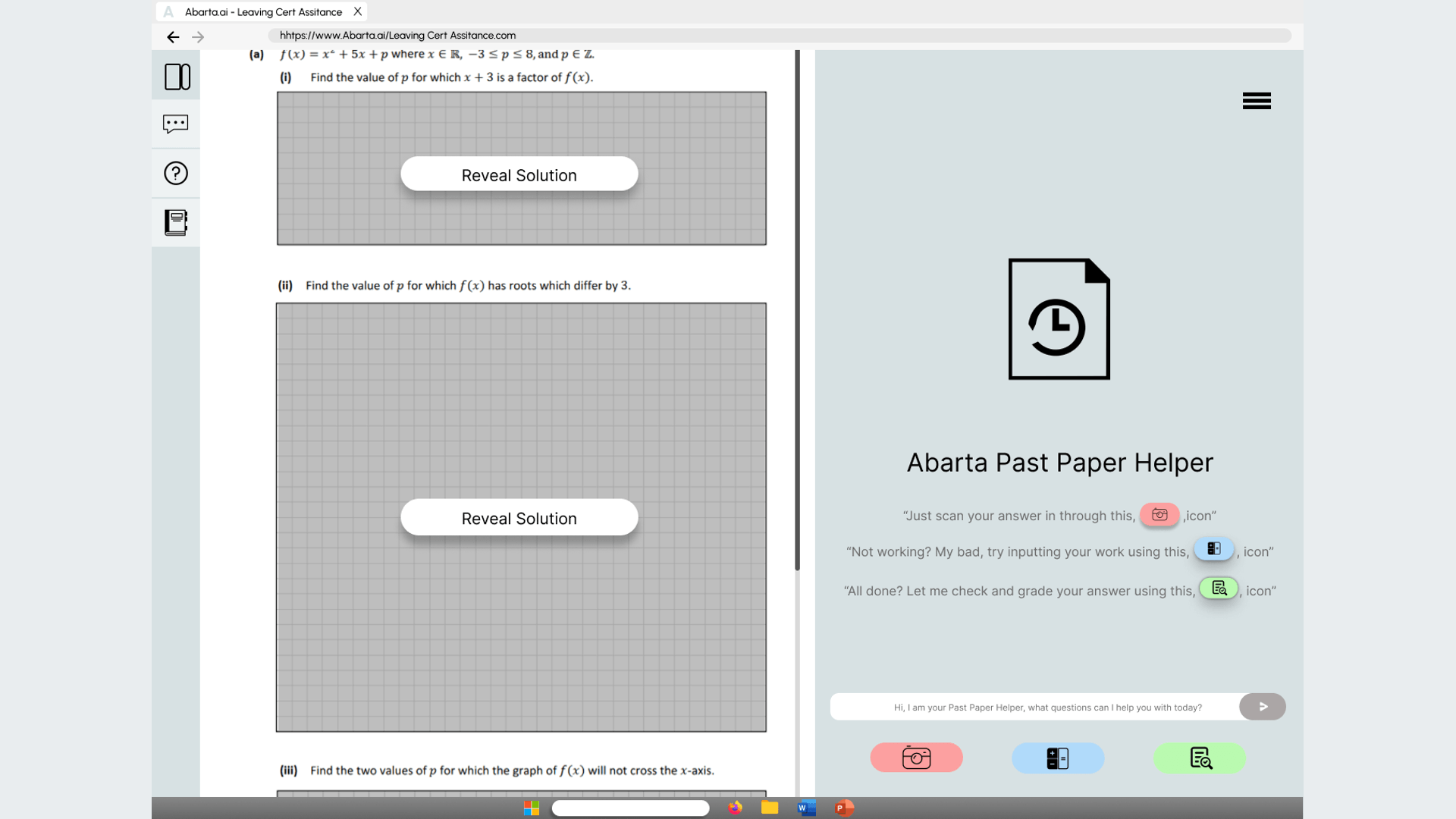 Version 1 of the Past Paper Helper: an exam paper with gridded answer boxes and Reveal Solution buttons, beside the tutor’s panel with three buttons to scan an answer, type it in, or check and grade it.