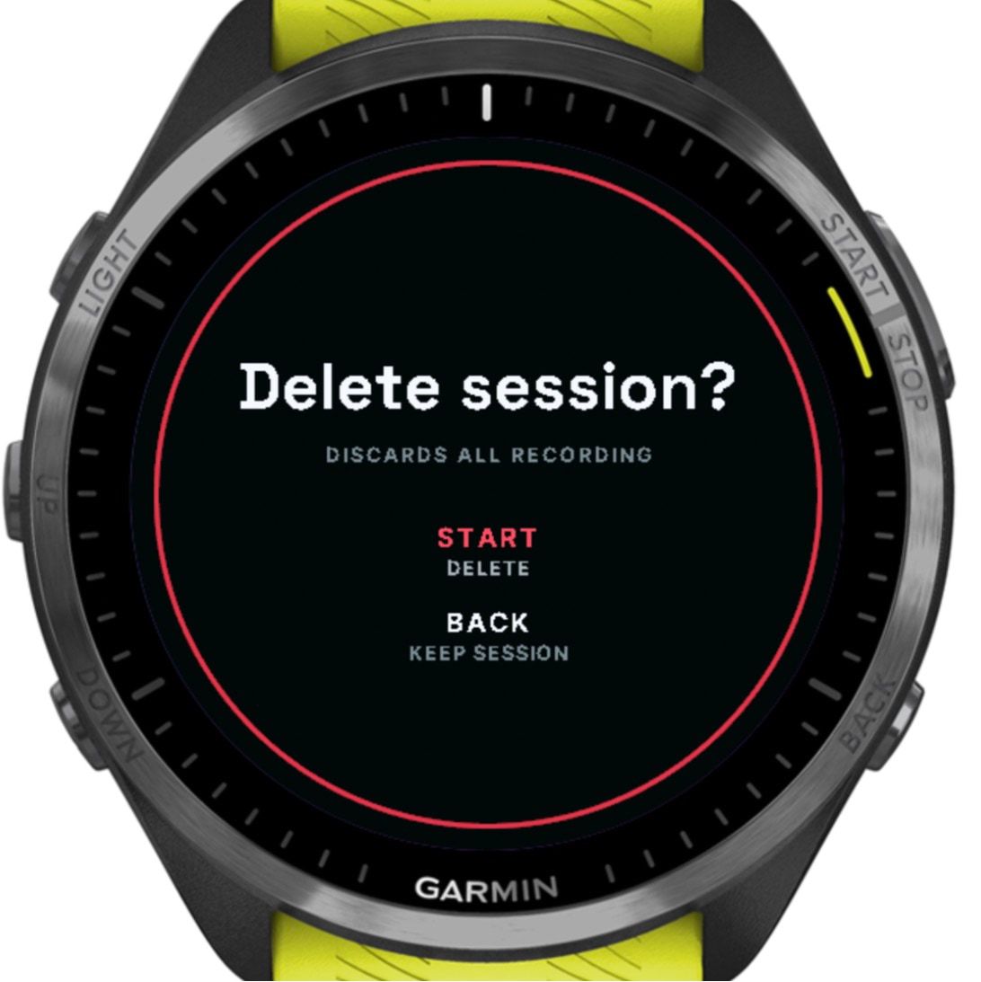 Delete session? Discards all recording, with START to delete and BACK to keep the session, inside a red ring.