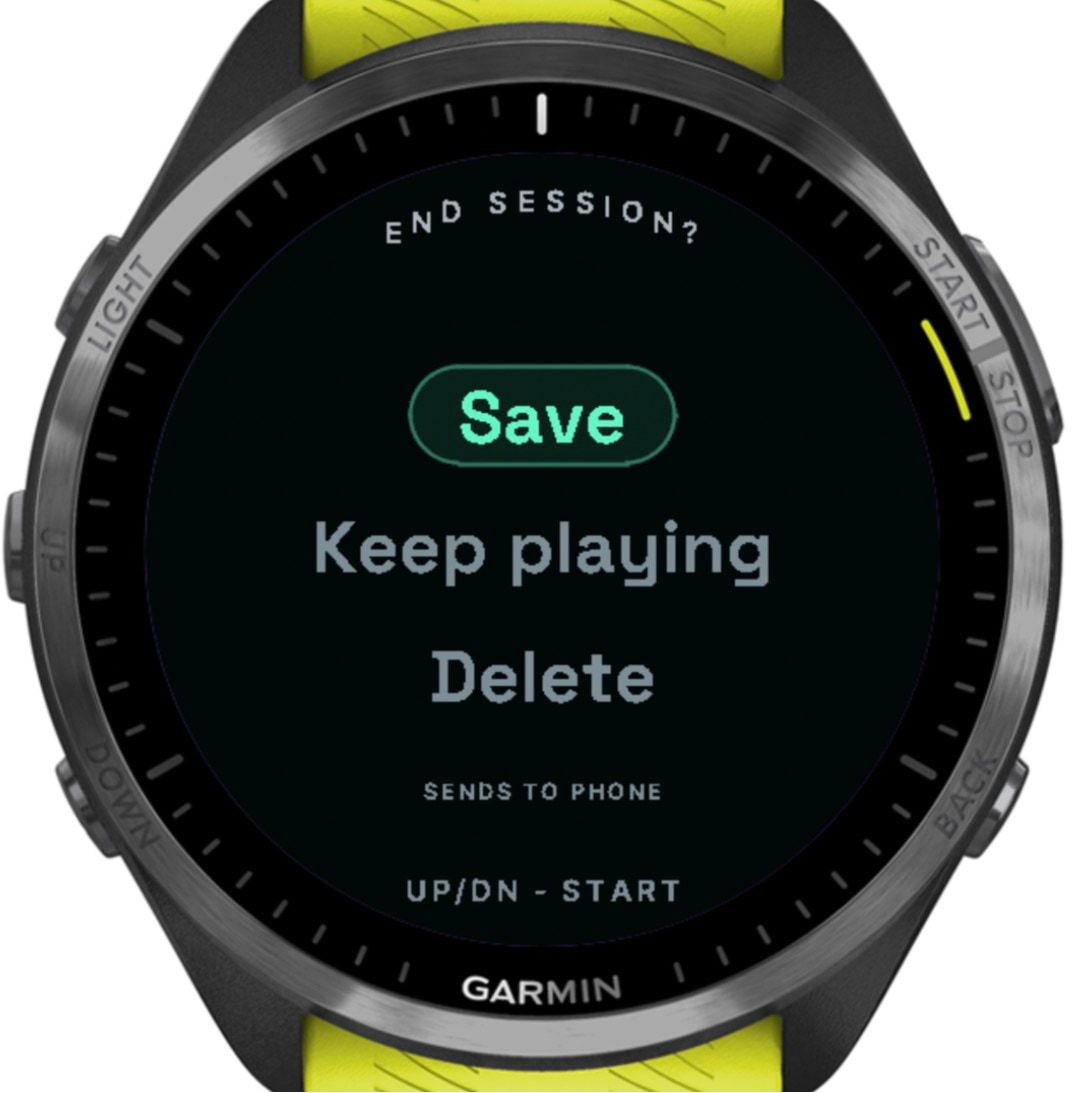 End session? Save, Keep playing or Delete, with Save highlighted and the note “Sends to phone”.