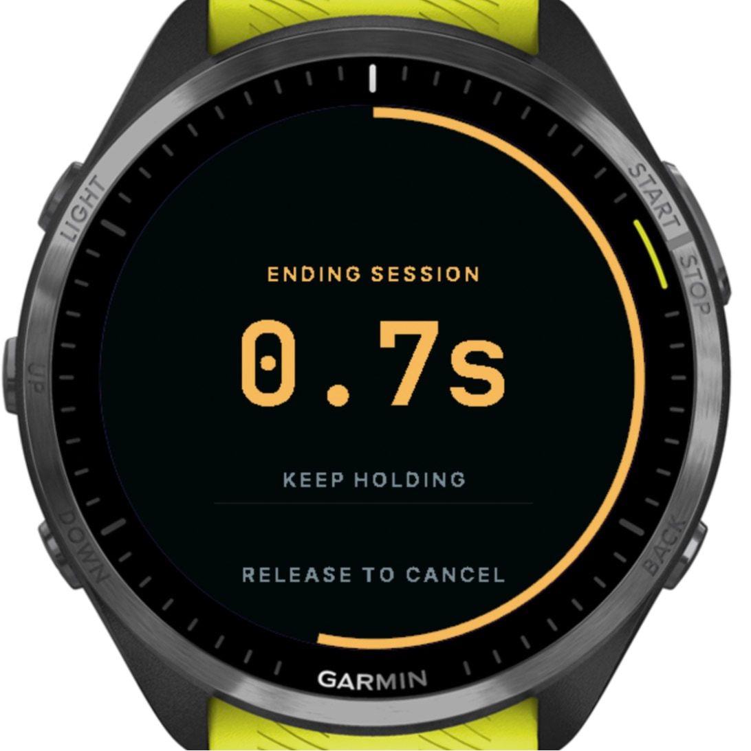 Ending session: an amber ring, 0.7 seconds held, “Keep holding” and “Release to cancel”.