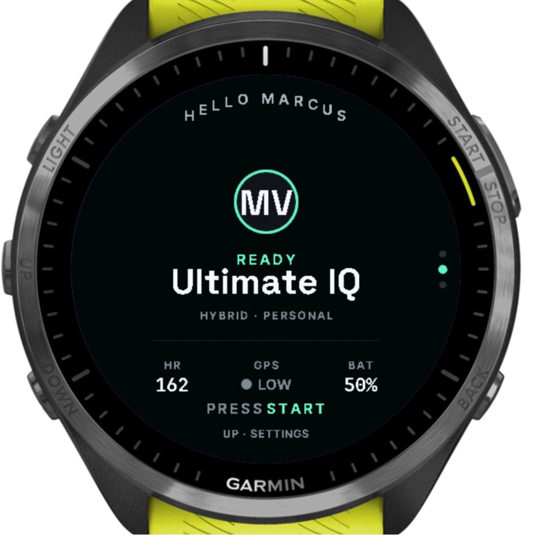 The watch home screen: Ultimate IQ, ready, with heart rate, GPS and battery, and “Press start”.