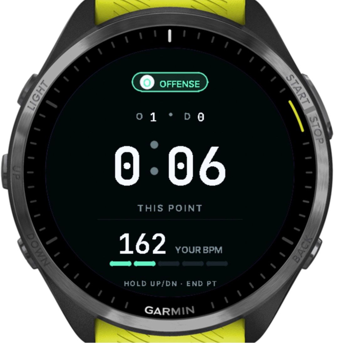 A live offence point: an Offense badge, O 1 and D 0, the point clock at 0:06, heart rate 162 and a zone bar, and the hint “Hold up or down to end the point”.