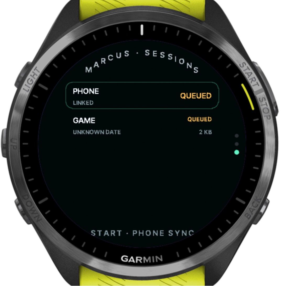The sessions page: Phone, linked, queued, and below it a game of 2 KB, queued.