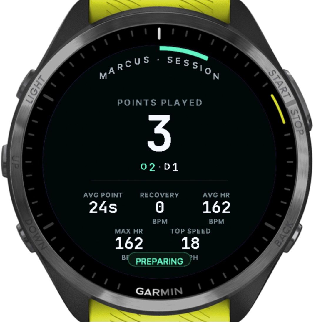 The game summary: 3 points played, 2 offence and 1 defence, average point 24 seconds, heart rate and top speed 18 km/h, with a “Preparing” label while it gets ready to send.