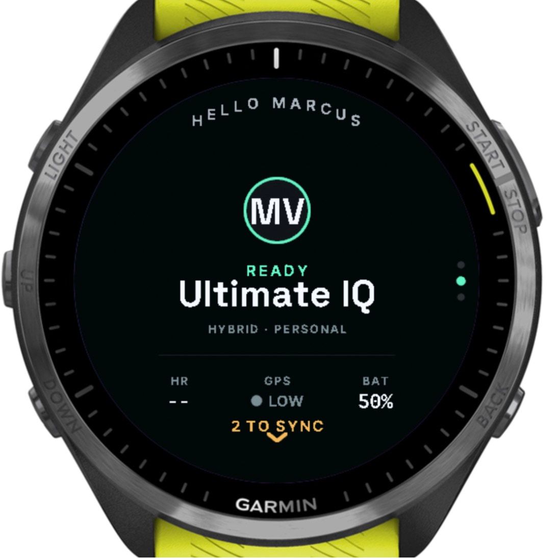 The watch home screen after a restart, reading “2 to sync”.