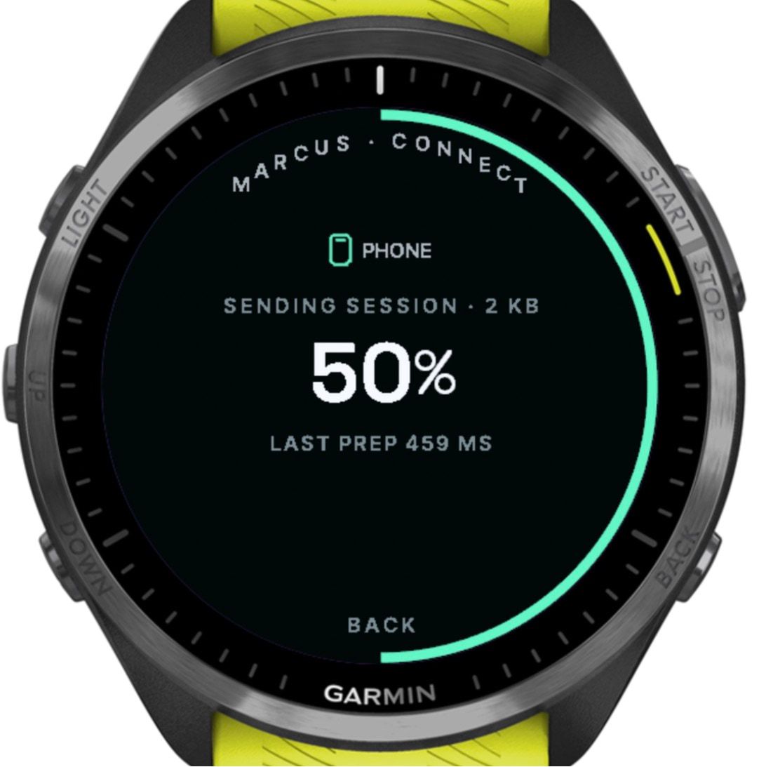 The sync screen: Phone, sending session, 2 KB, 50%, with a progress ring.