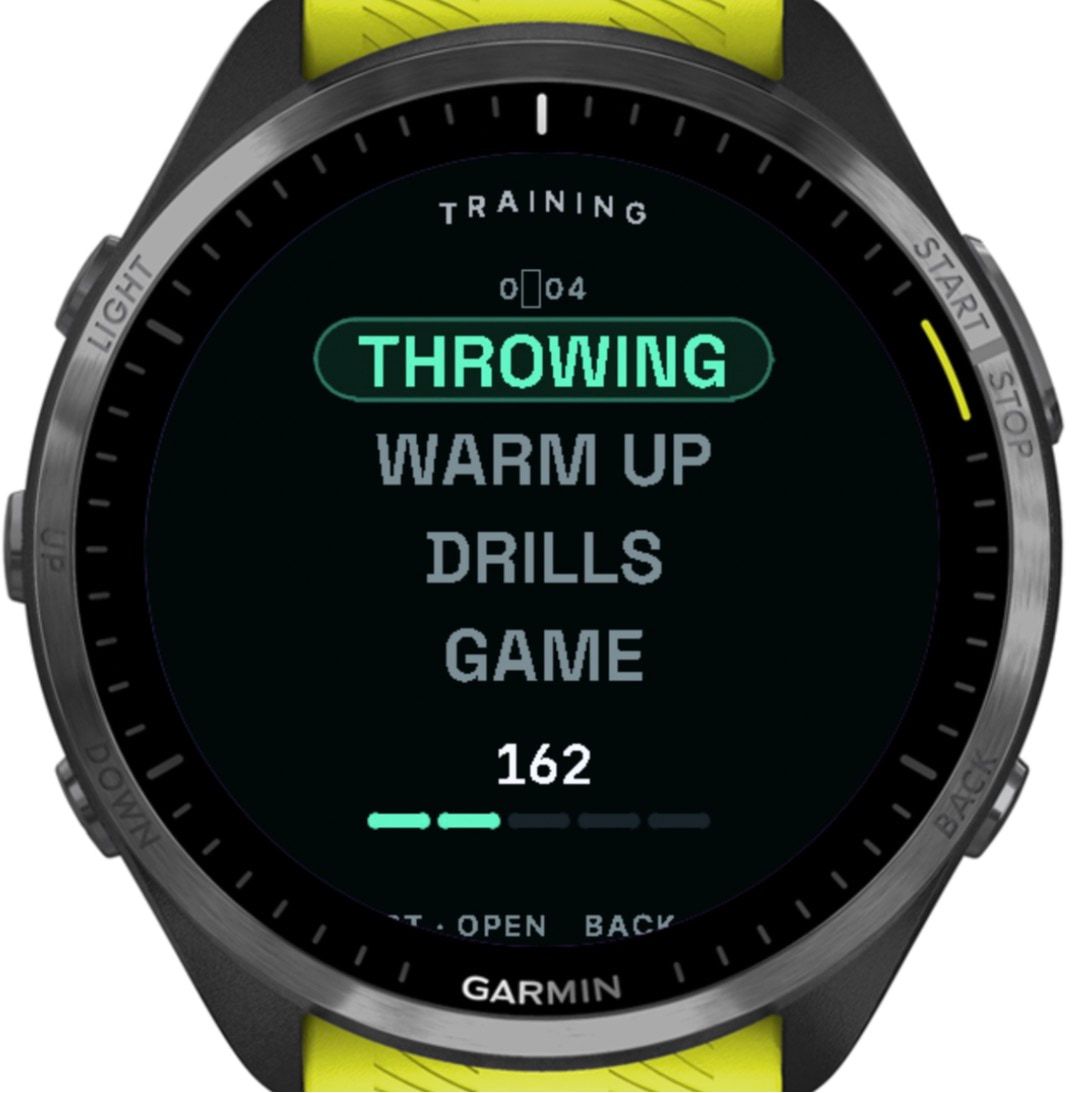 Training: a list of segments (Throwing, Warm up, Drills and Game) with the session clock and live heart rate.