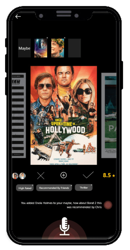 Wireframe of content search: a film poster with dismiss, add and accept buttons, tags such as “Recommended by friends”, and a suggestion from Andy.